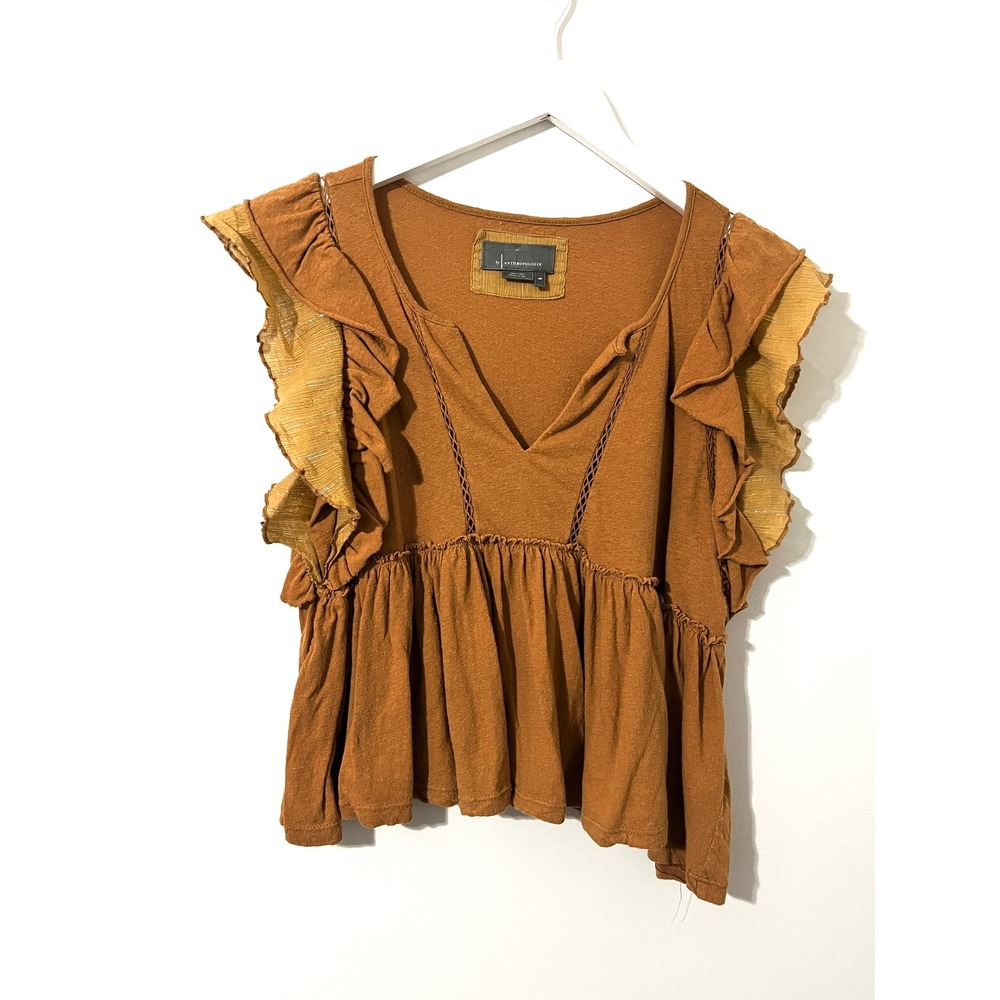BY ANTHROPOLOGIE Brown Babydoll Blouse Excellent Boho Ruffle Flutter Sleeve MP